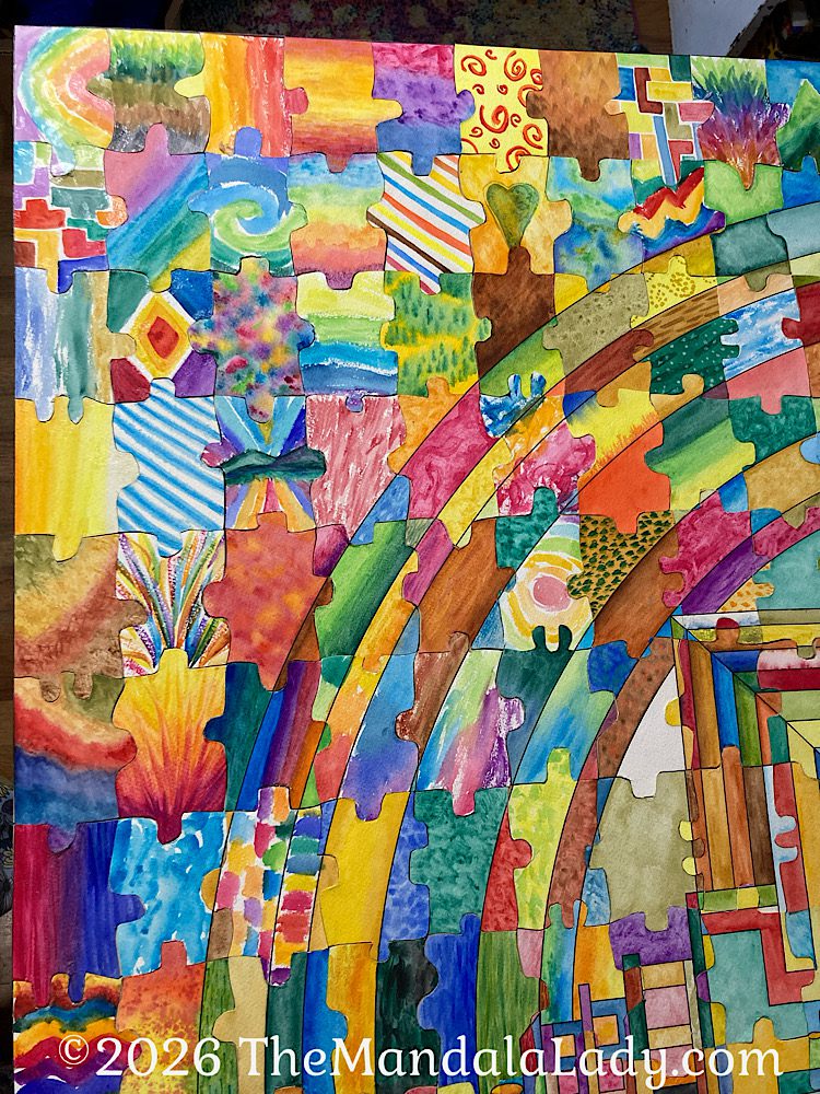 Archangel Mandala 4 Day 5 - close up of upper left corner, but a little further back.