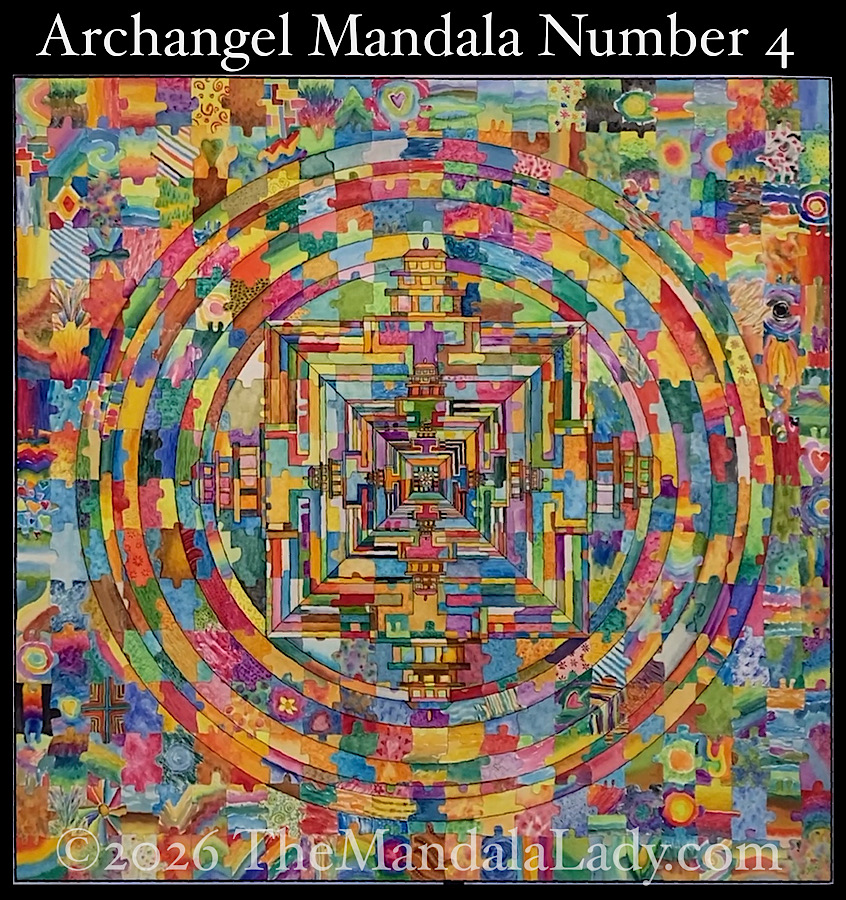 Archangel Mandala Number 4 — multi-color hand-painted puzzle pieces put together as one large mandala painting